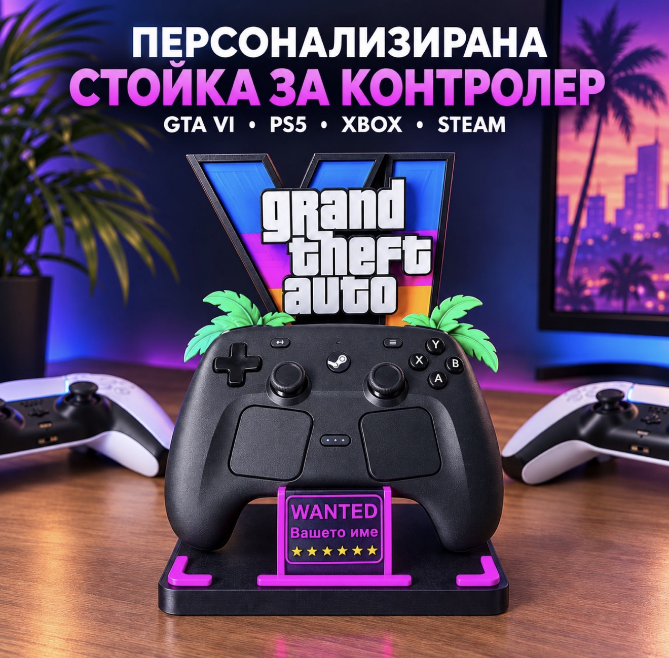 Стойка за 2 контролера и 1 чифт слушалки – Персонализирана, GTA VI